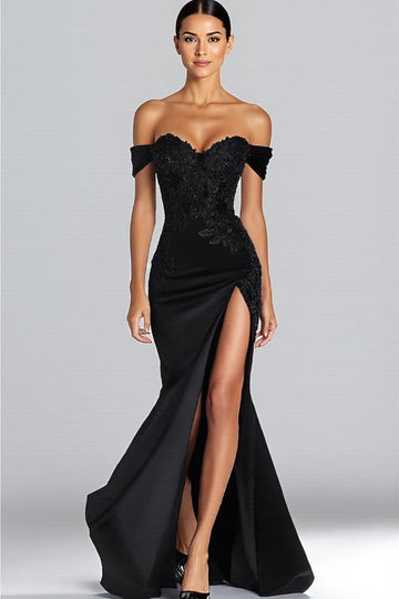 Black Off The Shoulder Satin Mermaid Long Formal Dress with Slit